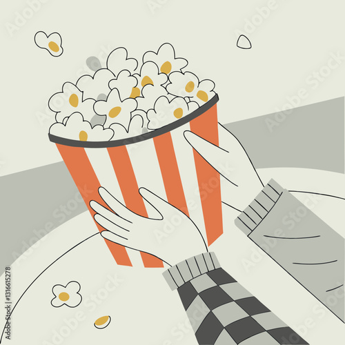 Hands holding a bucket of popcorn, cozy cinema snacks illustration