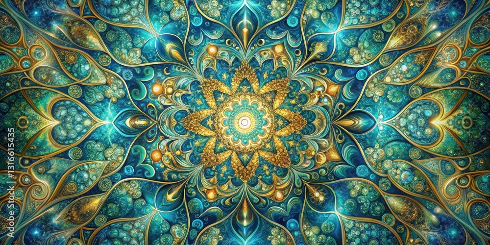 A Luxurious Teal and Gold Ornate Design Featuring Intricate Floral Patterns and Symmetrical Mandala Elements A Luxurious Teal and Gold Ornate Design Featuring Intricate Floral Patterns and Symmetrical Mandala Elements