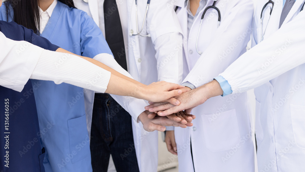 Happy doctors or team with hand stack for motivation and collaboration at hospital, Healthcare and medical concept. Happy doctors or team with hand stack for motivation and collaboration at hospital, Healthcare and medical concept.