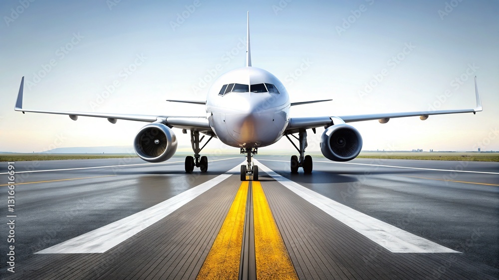 Obraz premium Airport Runway Markings Closeup with Airplane Departure Background - Stock Photo