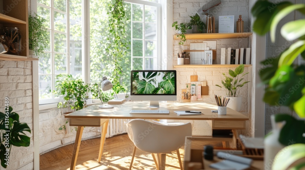 Fototapeta premium Bright and Inviting Home Office with Plants and Natural Light