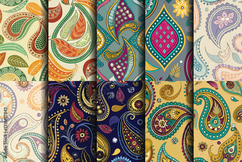 A vibrant collection of paisley patterns featuring colorful designs and intricate details.
