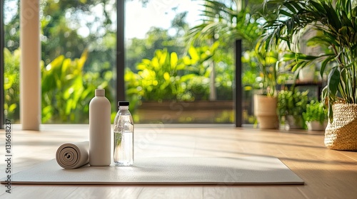 Yoga Mat with Water Bottles and Towels in Bright Indoor Setting