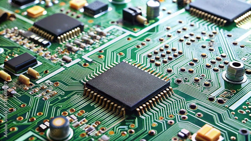 Close-up of intricate electronic circuit board, technological background, microchips, connectors, technology concept Close-up of intricate electronic circuit board, technological background, microchips, connectors, technology concept