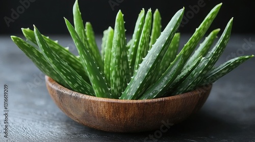 Fresh green aloe vera leaves arranged beautifully in a wooden bowl, highlighting their natural texture and vibrant color.