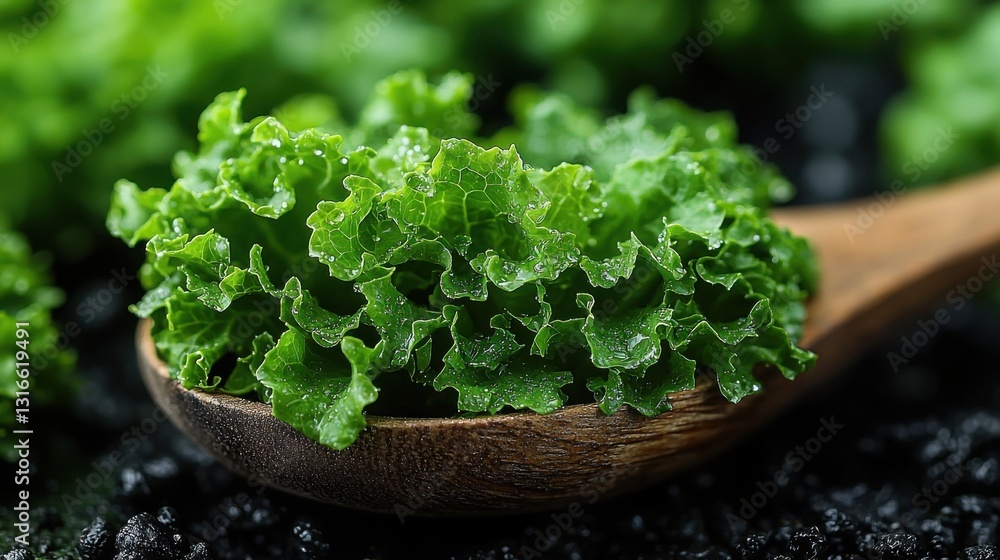 Fresh green lettuce leaves displayed on a wooden spoon, highlighting their crisp texture and vibrant color against a dark background. Fresh green lettuce leaves displayed on a wooden spoon, highlighting their crisp texture and vibrant color against a dark background.