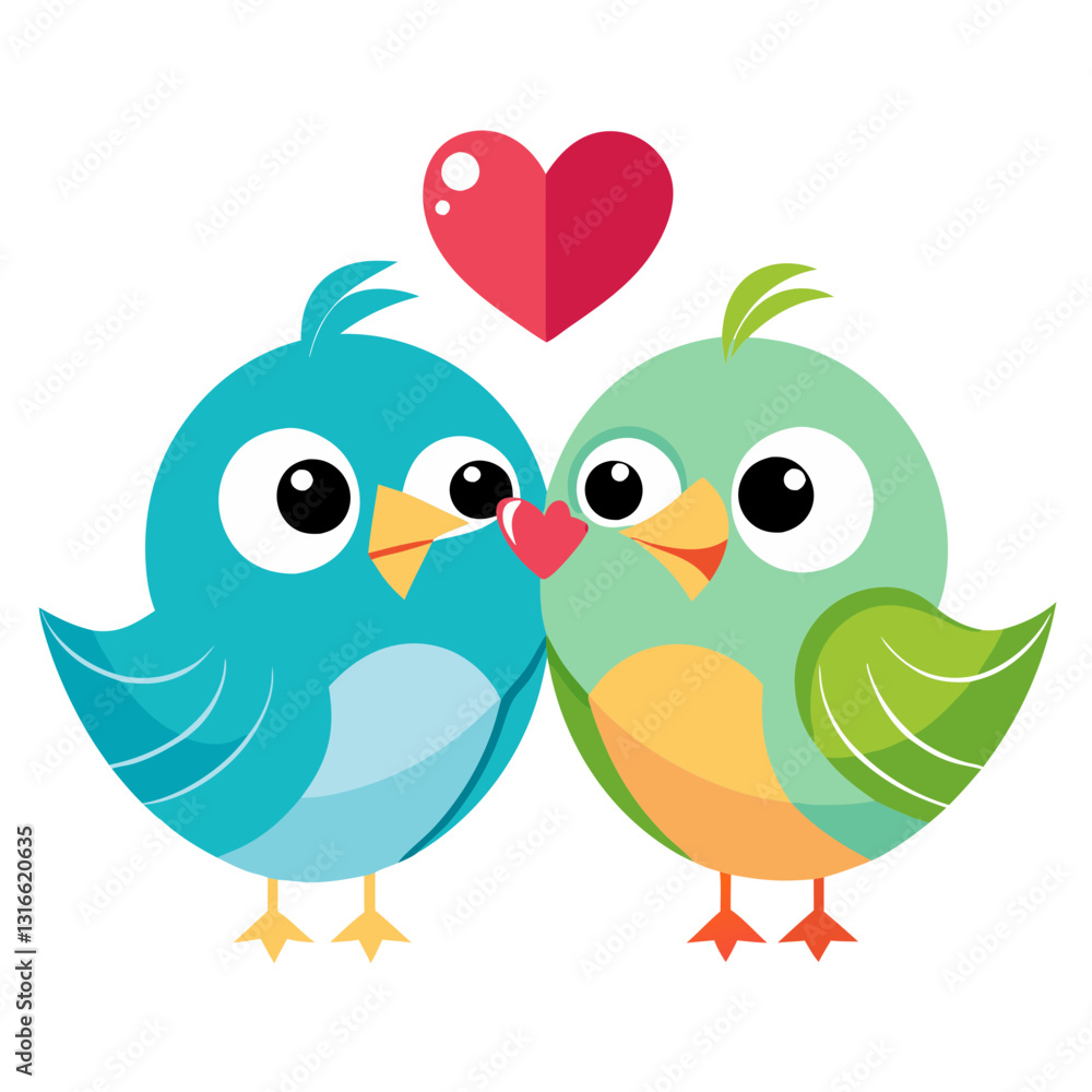 Two cartoon lovebirds sharing a heart against a black background illustration Two cartoon lovebirds sharing a heart against a black background illustration