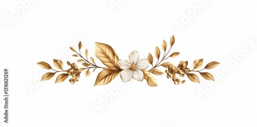 A decorative floral arrangement featuring gold-toned leaves and white flowers on a blank background.