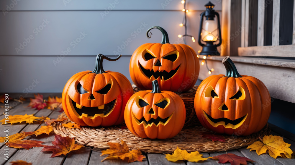 Four jack-o'-lanterns, carved with menacing faces, sit on a porch surrounded by autumn leaves and soft, festive lighting. Four jack-o'-lanterns, carved with menacing faces, sit on a porch surrounded by autumn leaves and soft, festive lighting.