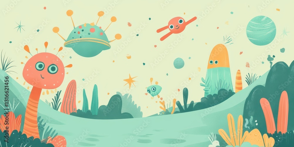 Whimsical alien landscape featuring cute creatures and a flying saucer Whimsical alien landscape featuring cute creatures and a flying saucer