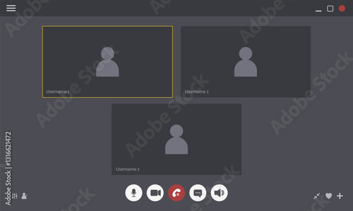 Videocall Interface template. Video conference mockup for laptop application with chat buttons. Vector Illustration in flat style.