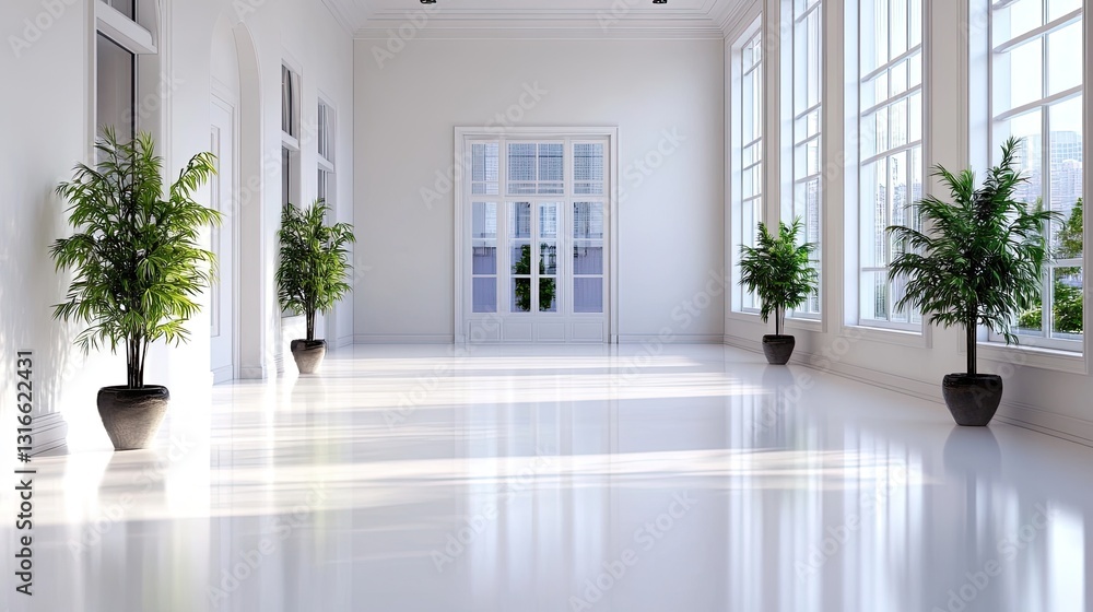 Fototapeta premium Bright and Spacious Modern Room with Large Windows and Greenery