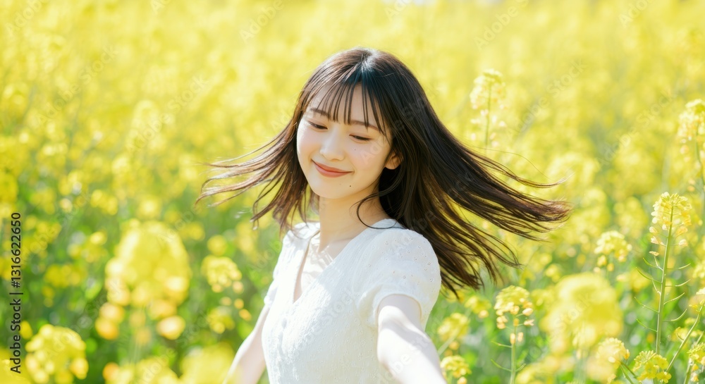 Young asian female enjoying a sunny day in a field of yellow flowers Young asian female enjoying a sunny day in a field of yellow flowers