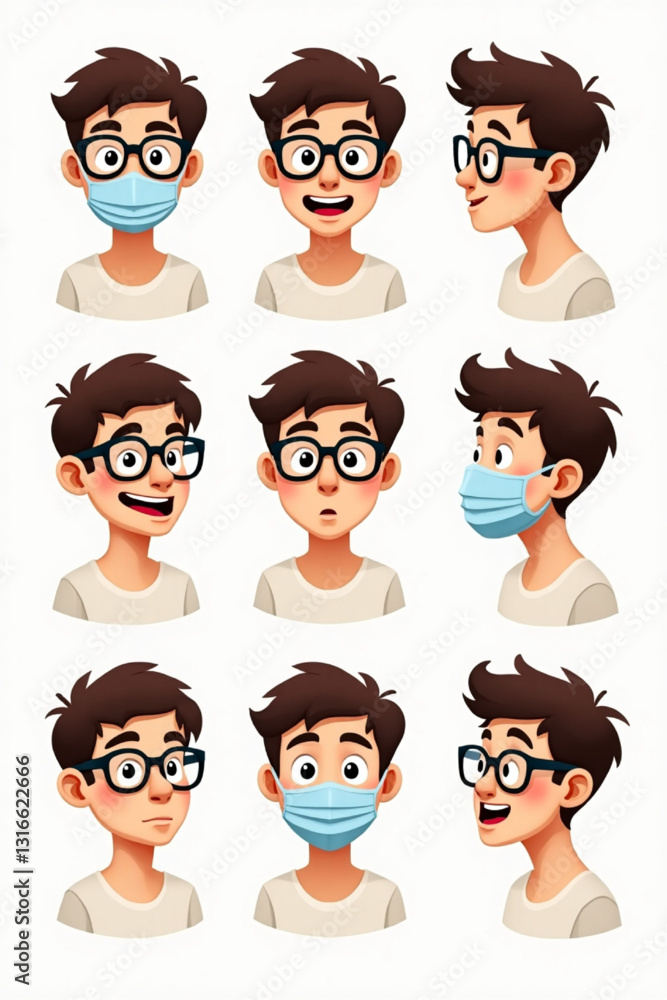Young Man in Glasses Expressing Various Emotions with Mask Young Man in Glasses Expressing Various Emotions with Mask