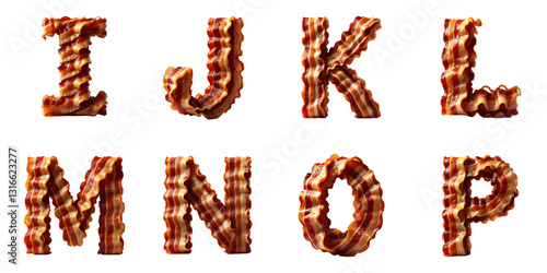 Creative food typography concept: Letters I, J, K, L, M, N, O, P made from crispy bacon strips on a white background