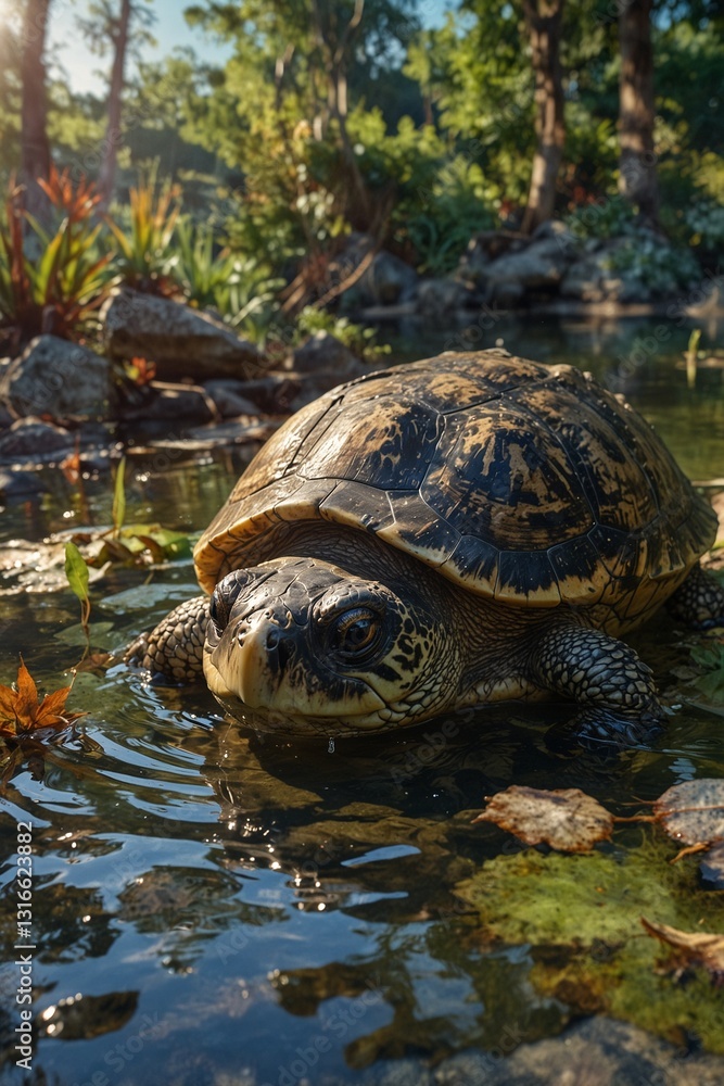 Fototapeta premium Graceful turtle swimming in a serene pond surrounded by lush greenery and sunlight