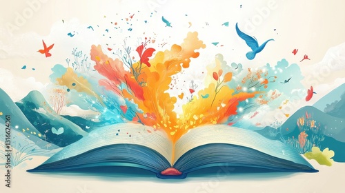 An open book inspires vibrant colors and flying birds freely