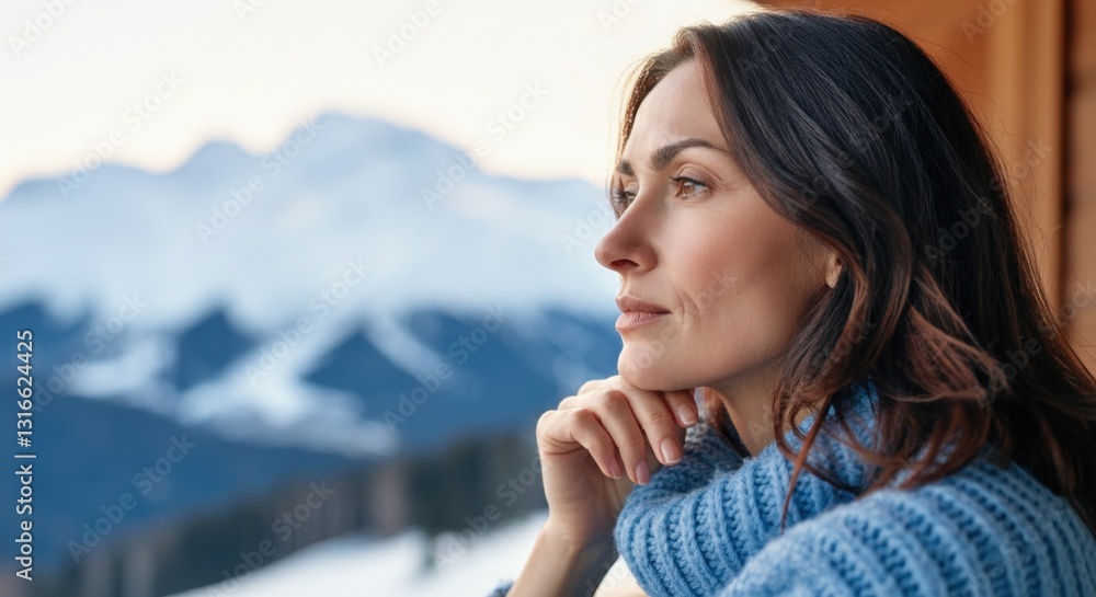 Contemplative caucasian female in winter setting with mountain view Contemplative caucasian female in winter setting with mountain view