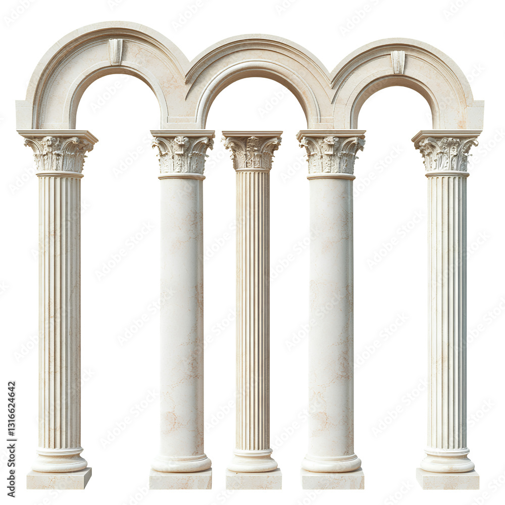 Three different arched columns and arches with beige marble, isolated on a transparent background PNG Three different arched columns and arches with beige marble, isolated on a transparent background PNG