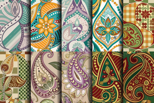 Colorful patterned textiles featuring intricate paisley and floral designs.