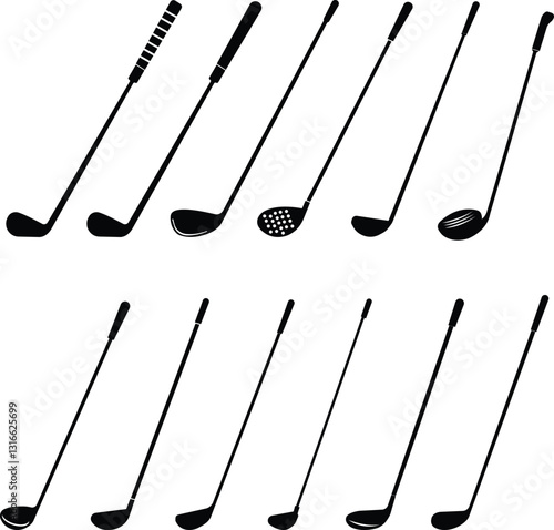 Golf club icon set.golf stick for sports apps, websites and design element. Game equipment. Professional sport, classic golf club for official competitions and tournaments. Isolated illustration.