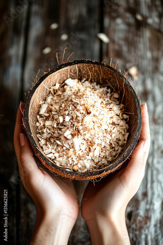 Hands presenting a coconut shell with dried coconut flakes photo