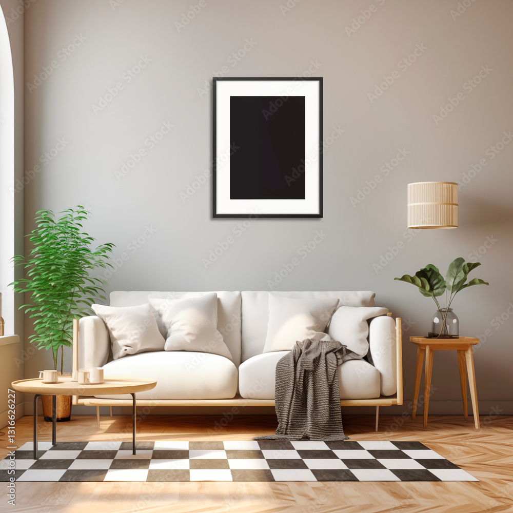 Fototapeta premium cozy living room with white sofa, checkered carpet on the floor, black and white painting on beige walls, mock-up