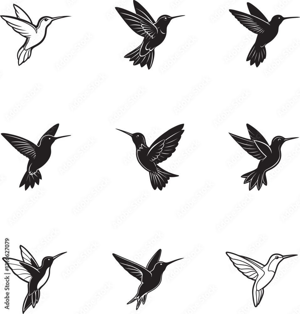 Obraz premium hummingbird hovering silhouet black and white vector illustration logo art bundle set