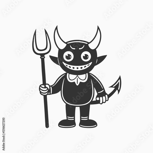 little devil cartoon holding trident. Funny little cruel devil cartoon characters with comic expression silhouette vector illustration.
