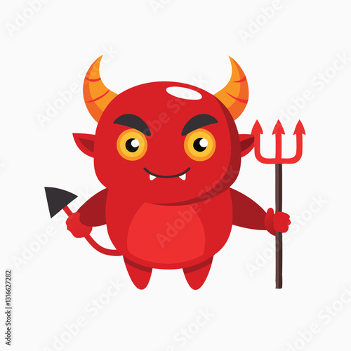 Red Devil Cartoon Emoji Character Holding A Pitchfork. Vector Hand Drawn Illustration Isolated On Transparent Background 
