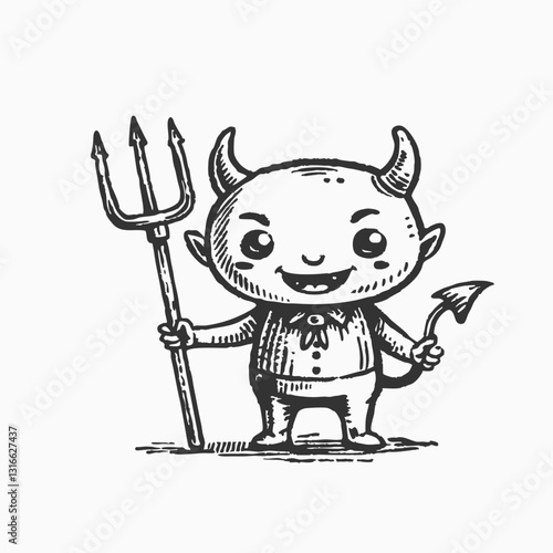 little devil cartoon holding trident. Funny little cruel devil cartoon characters with comic expression silhouette vector illustration.