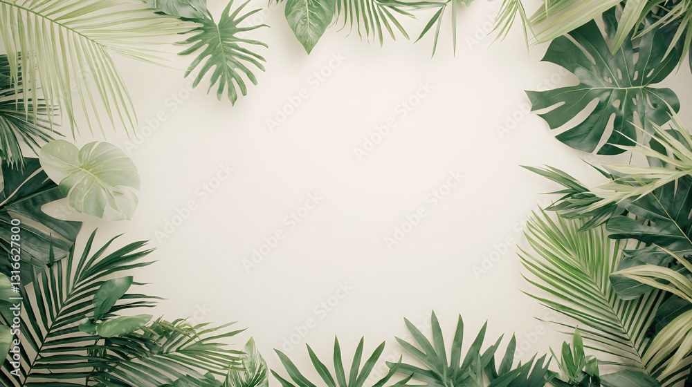 Lush Green Tropical Leaves Frame on White Background