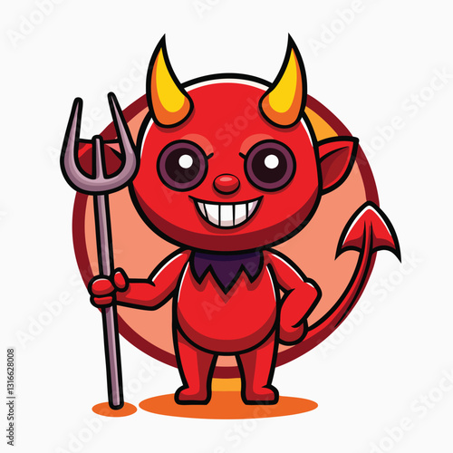 Red Devil Cartoon Emoji Character Holding A Pitchfork. Vector Hand Drawn Illustration Isolated On Transparent Background 
