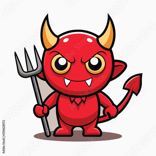 Red Devil Cartoon Emoji Character Holding A Pitchfork. Vector Hand Drawn Illustration Isolated On Transparent Background 