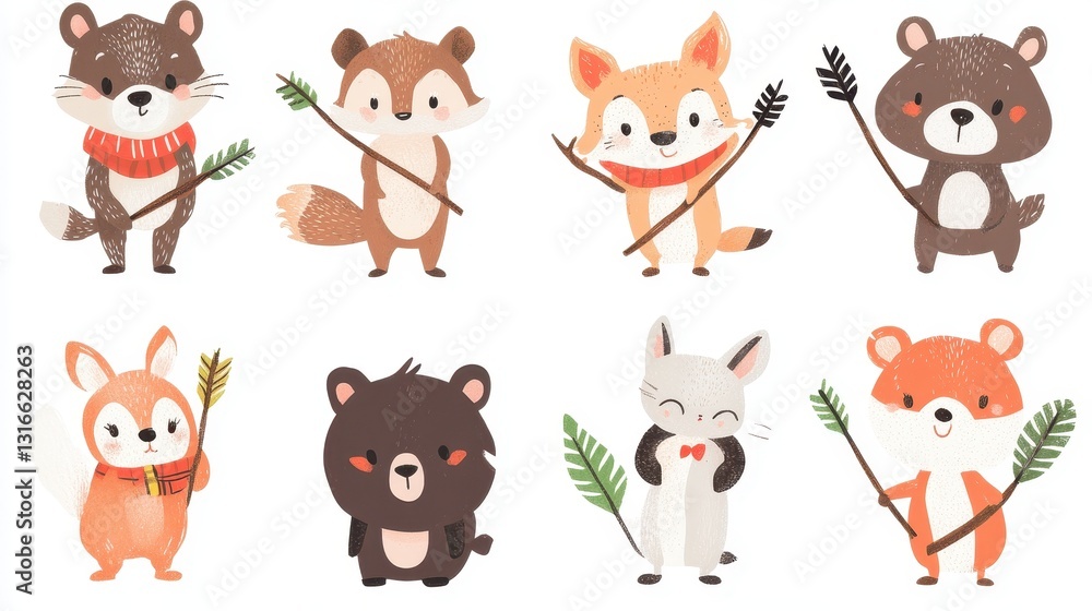 Naklejka premium Adorable cartoon animals holding arrows and smiling cheerfully on a white background