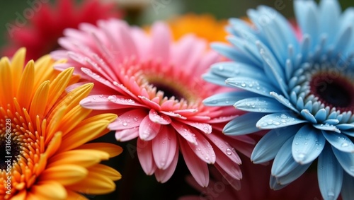 Realistics artistic nature of dew on flowers, flowers with water droplets sitting on the leaves in a garden.