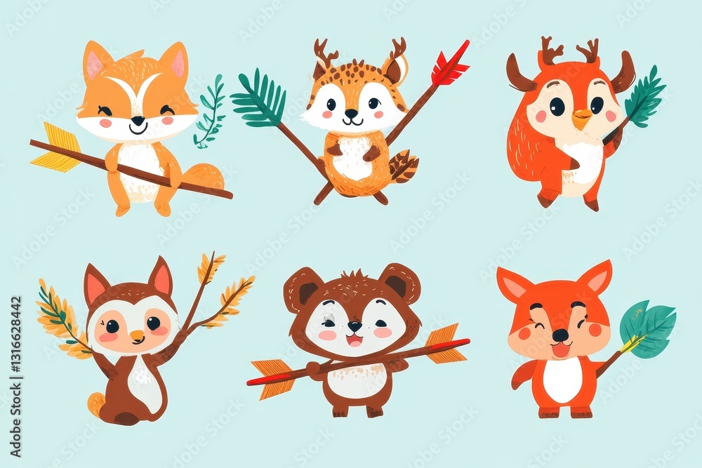 Naklejka premium Six Adorable Forest Animals Holding Arrows and Branches Happily