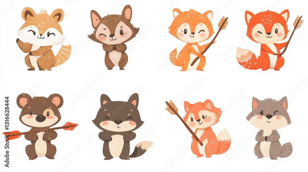 Fototapeta premium Adorable cartoon animals with friendly faces and playful gestures