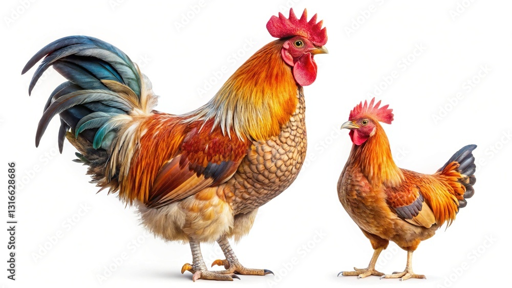 Fototapeta premium Majestic Rooster and Hen in a Lush Farm Setting - Stock Photo
