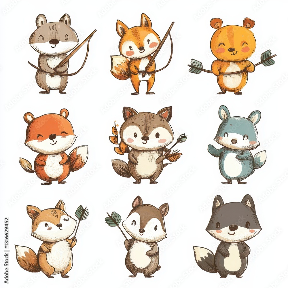 Cute cartoon animals holding bows and arrows in various poses Cute cartoon animals holding bows and arrows in various poses