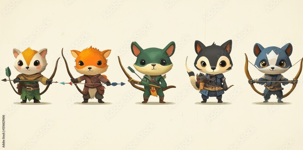 Obraz premium Five anthropomorphic foxes dressed as archers holding bows and arrows