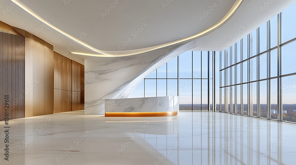Obraz premium Modern Office Lobby Design: Panoramic City View 3D Render AI Generated