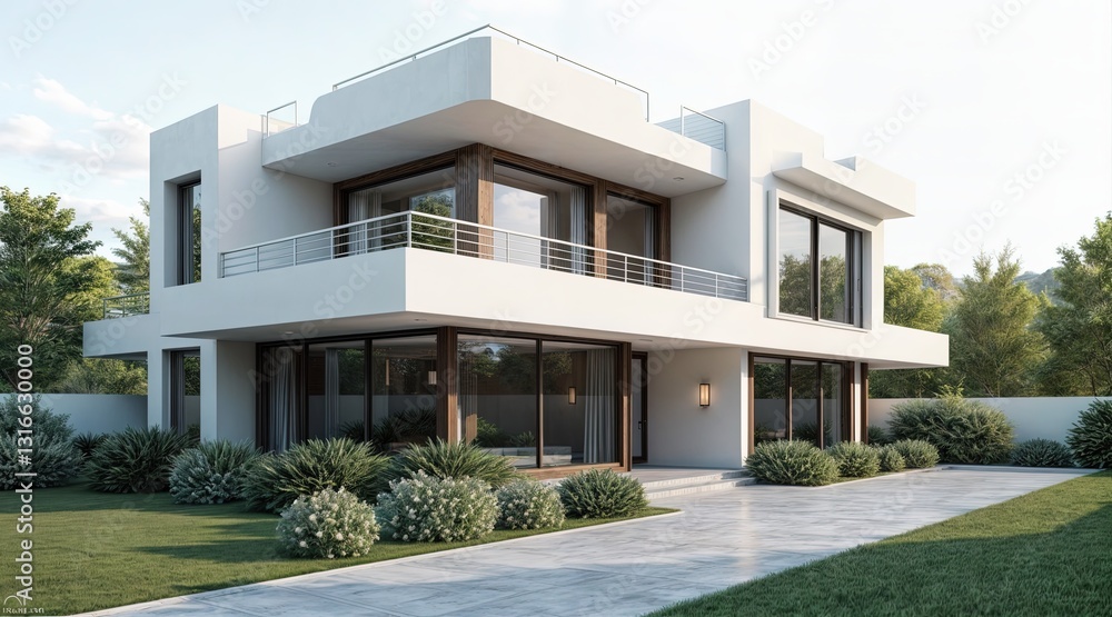 Contemporary cubic house with floor-to-ceiling tinted glass windows, sleek white façade, and a spacious backyard terrace, harmonizing with a landscaped garden and natural daylight. Contemporary cubic house with floor-to-ceiling tinted glass windows, sleek white façade, and a spacious backyard terrace, harmonizing with a landscaped garden and natural daylight.