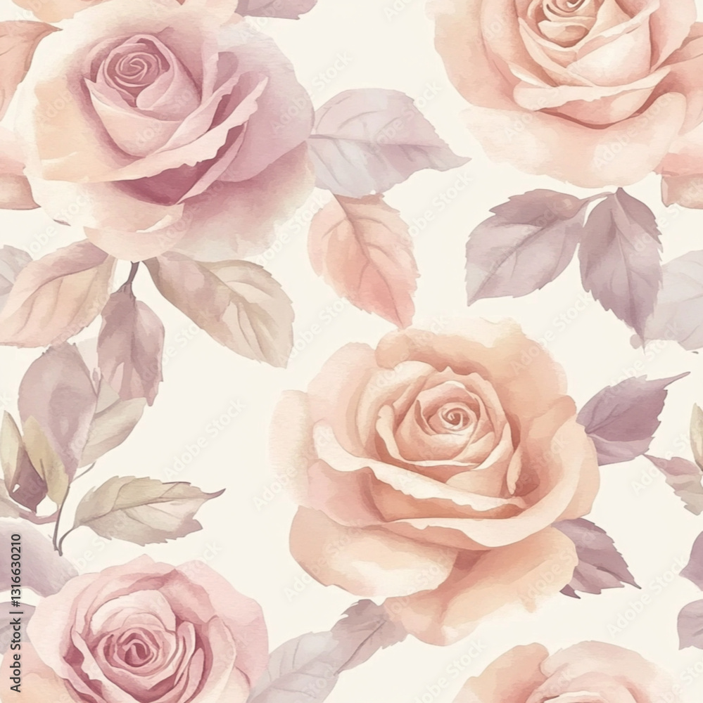 Fototapeta premium a seamless pattern of romantic, vintage roses in soft dusty rose and creme, watercolor
