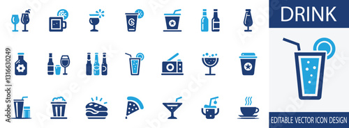 Drinks icon set. Milkshake, soda,  Mimosa, Bellini, Spritz, bottle and more extra drink filled keyword. vector design