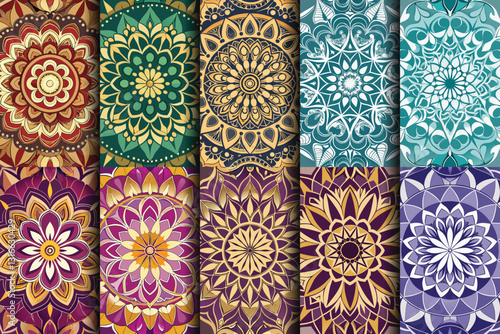 A vibrant array of colorful mandala patterns in intricate designs.
