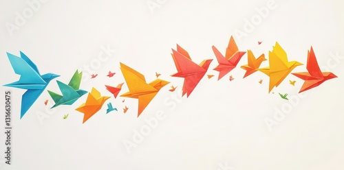 A flock of colorful origami birds flying on a white background