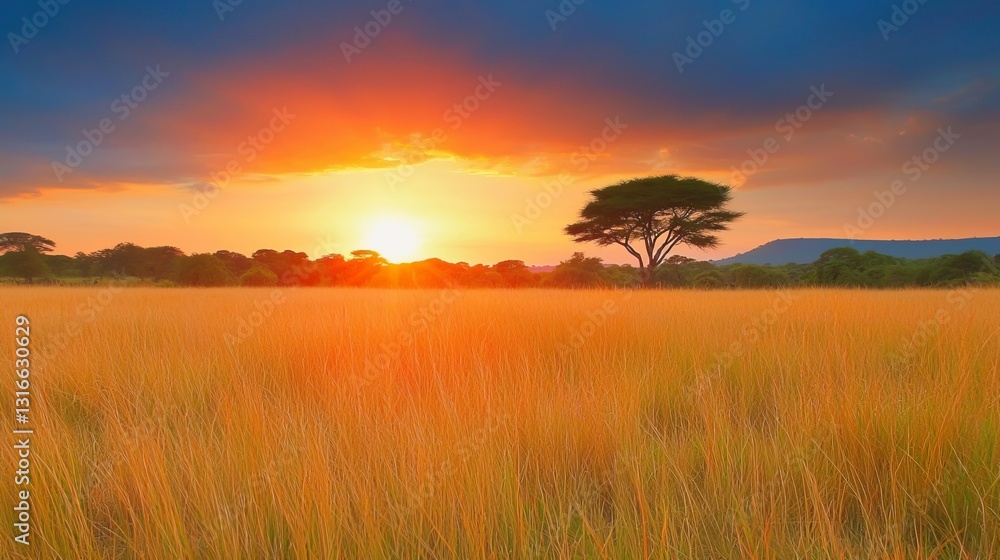 Obraz premium Serene Sunset Over Golden Savanna Landscape with Majestic Tree and Vibrant Sky Colors
