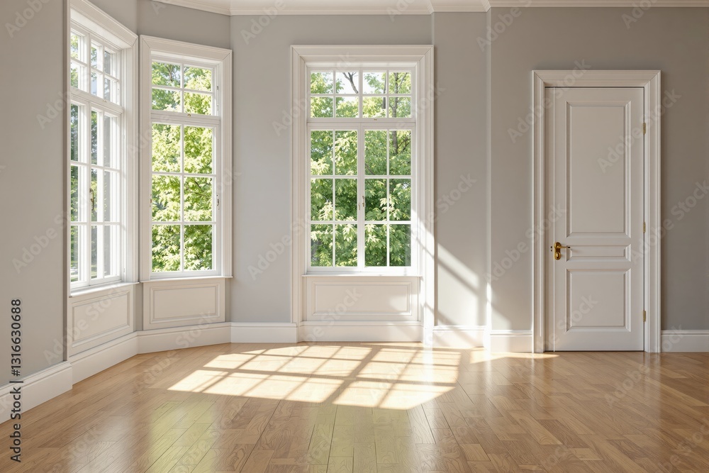 Fototapeta premium Spacious empty room with large classic windows, wooden flooring, and white walls. Sunlight casts soft shadows, creating a warm and inviting atmosphere. Ai generative