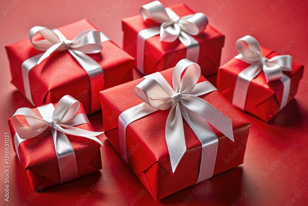 Red Gift Boxes with White Ribbon on Red Background Red Gift Boxes with White Ribbon on Red Background